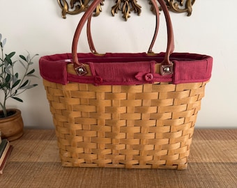Koszyk Vintage Longaberger Woven Boardwalk Large z 2002 r. z uchwytami, wkładką i wyściółką z materiału