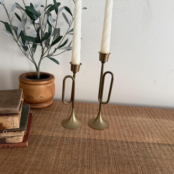 Vintage Brass French Horn Candlesticks set of 2