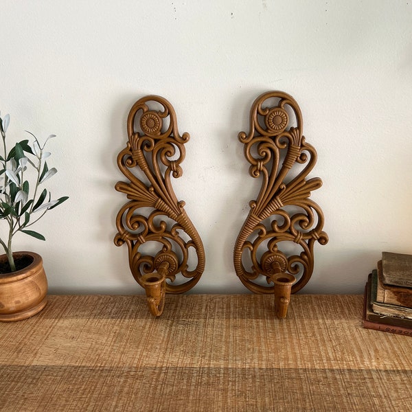 Vintage Brown Ornate Faux Wood Homco Sconces set of 2