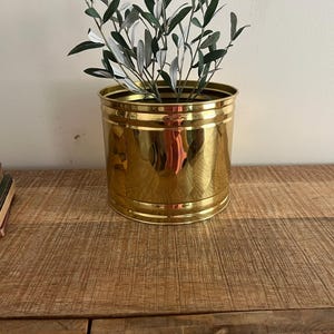 Puede incluir: Una maceta de metal dorado brillante con forma cilíndrica. La maceta está llena de ramas frondosas verdes y plateadas. La maceta se encuentra sobre una superficie de madera, con una pila de libros antiguos a la izquierda.