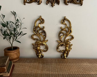 vintage gold ornate roses Syroco wall sconces set of 2