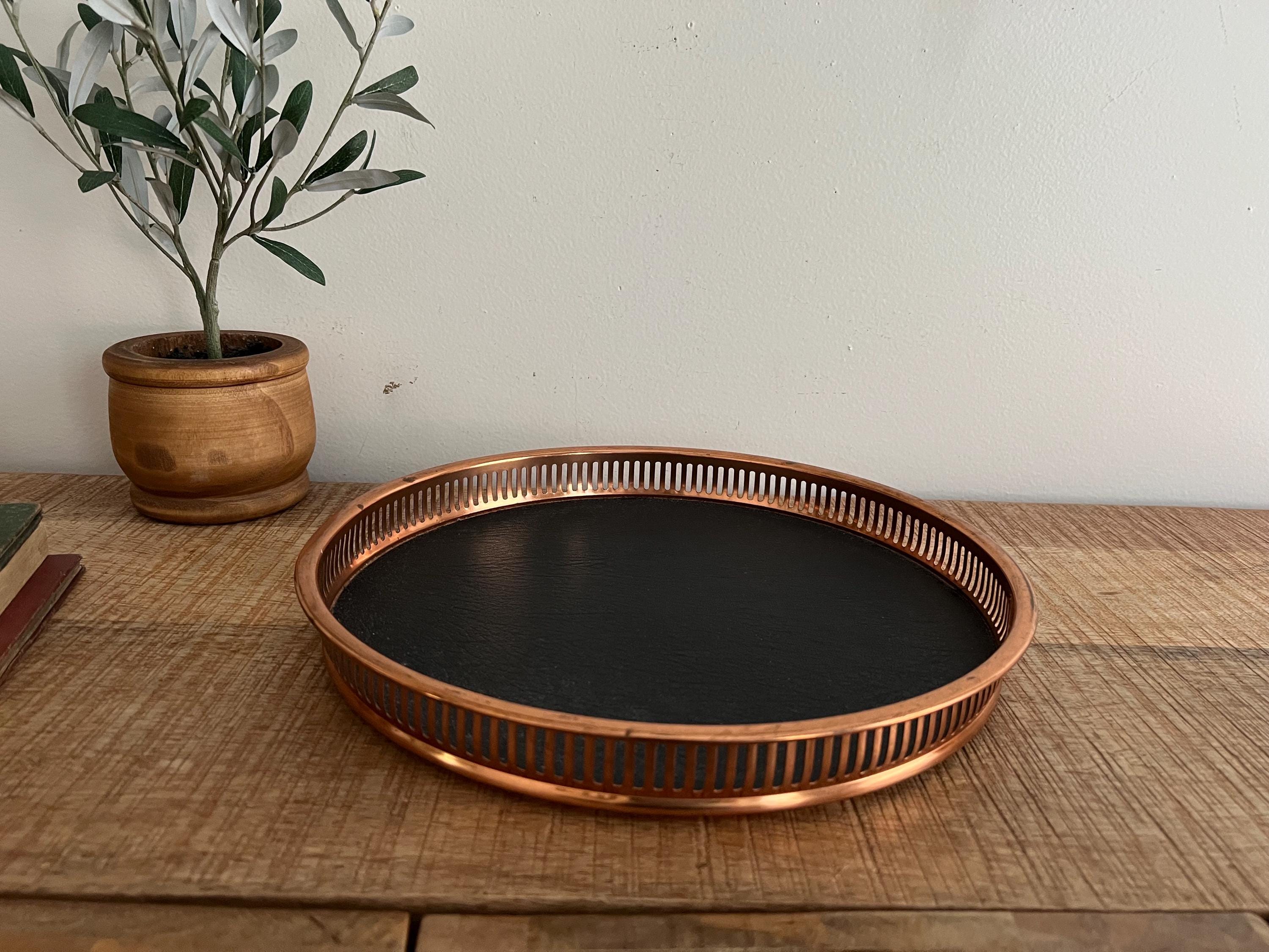 ヴィンテージ銅メッキ丸型レザー木製トレイ - Etsy 日本
