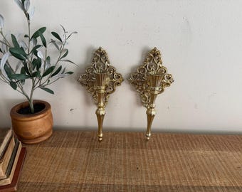 Vintage goudkleurige metalen wandkandelaars, set van 2