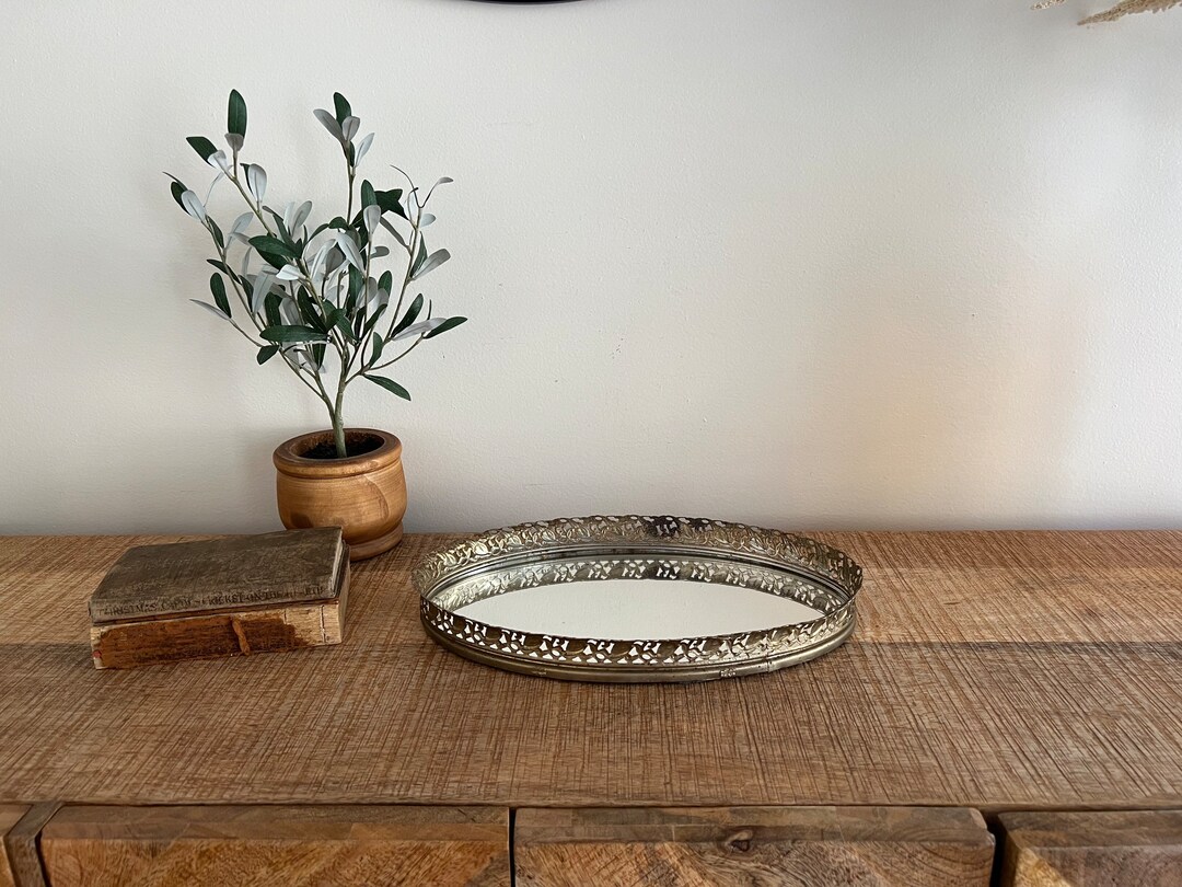 Vintage Brass Oval Vanity Mirror Tray Etsy