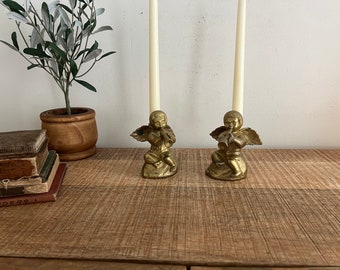 vintage solid brass cherubs with trumpets candlesticks set of 2