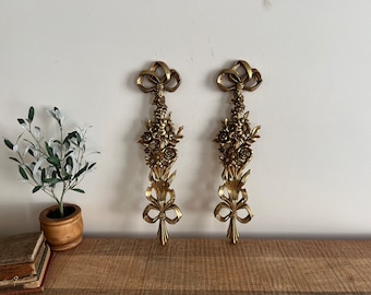 Vintage Gold Bows Ribbons  /Floral Bouquet Syracuse Ornamental Co. wall decor set of 2
