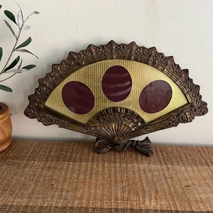 Vintage Brass Ornate Fan Shape with tassels triple picture frame