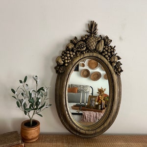 Vintage Oval Fruit Designs Homco Woodgrain Mirror