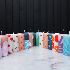 hand-painted block candle | cute, unique, one of a kind hand-painted gift | homeware | aesthetic, fruity, flowers, autumn, fall, halloween