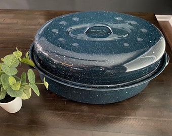 Blue speckled enamel roasting pan cheap
