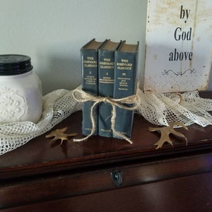 May include: Three vintage hardcover books from "The Harvard Classics" series, bound together with twine. The books are dark blue with gold lettering. The titles are visible on the spines. The books are resting on a dark wooden surface, with a white lace runner and decorative leaves.
