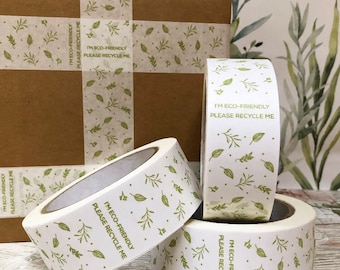 May include: Four rolls of white packing tape with a green leaf pattern and the text "I'm eco-friendly, please recycle me".