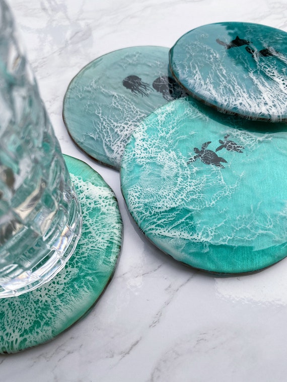 Auftragsarbeit Untersetzer für Gläser aus Resin mit Meerestieren,Glasuntersetzer,einzigartige Geschenkidee für Meeresliebhaber