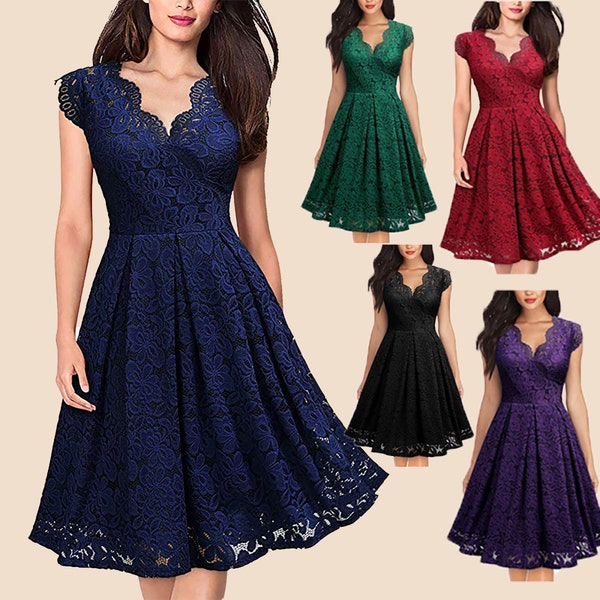 Women's Lace Top Skater Dress, Vintage Stylish V-Neck Sleeveless Cocktail Dress