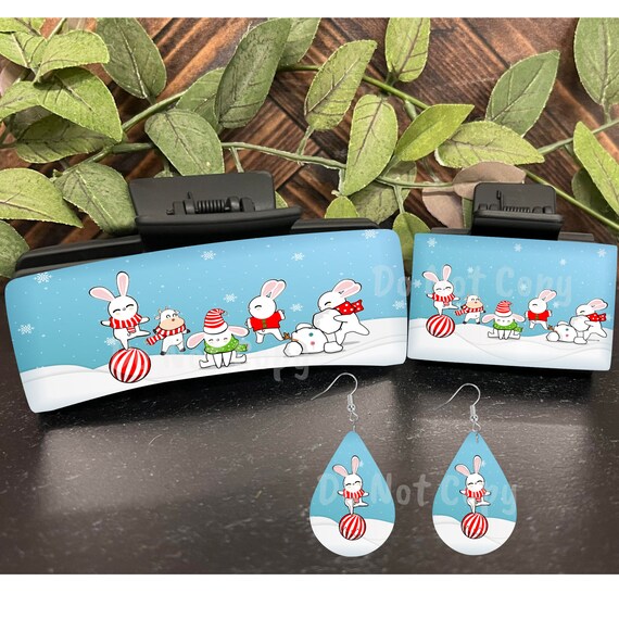 Winter Rabbits Hair Clip and Earrings Sublimation Design  display picture 3