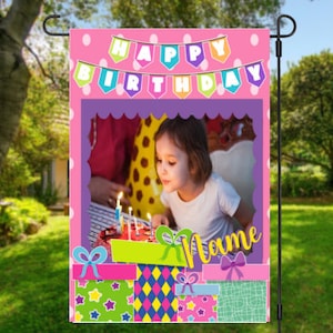 Customizable Pink Birthday Digital Garden Flag Design | Personalize with Name and Picture | 300 dpi PNG