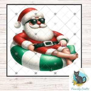 May include: A digital illustration of Santa Claus wearing sunglasses and a red suit, relaxing in a green and white striped pool float. Santa has a white beard and is pointing with his finger. The image has a holiday theme.