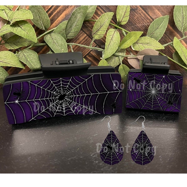 Purple Spider, Halloween, Spiderweb Large hair clip, small hair clip, earrings, sublimation, png