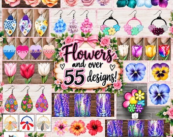 Large Flowers Bundle, Sublimation, Digital, PNG, Design, Download, DTF, Earrings, Signs, Badge Reels, MDF or Acrylic