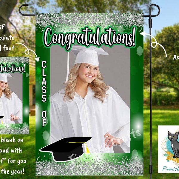 Graduation Garden Flag - Green and White  - High School, Kindergarten, Trade School, College, University