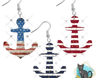 Patriotic Anchor Earrings, Badge Reels, Decor, Signs, Sublimation, Digital, PNG Design, Earrings.