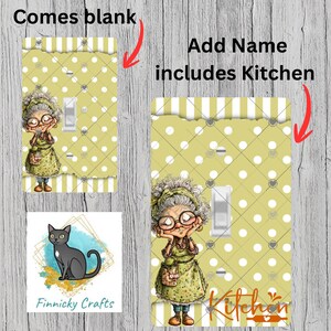 May include: Decorative light switch covers featuring a cartoon of an elderly woman with glasses, wearing a green dress, and holding a jar. The covers have a yellow polka dot pattern with the word "Kitchen" and the text "Add Name includes Kitchen".