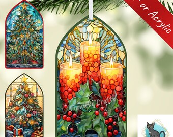 May include: Three arched hanging ornaments featuring stained glass style illustrations. One shows three lit candles with holly berries, and two show decorated Christmas trees. The text MDF or Acrylic is visible in the corner.