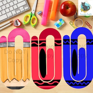 Designs de sublimação de clipes de papel para marcadores de livros escolares para professores - Arquivos PNG para presente - Personalizáveis - Lápis de cera - SOMENTE para espaços em branco de sublimação GG