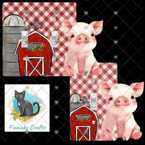May include: Decorative light switch covers featuring a farm theme. The design includes a red barn, a pig, and a silo against a red and white checkered background. A black cat is also featured in the design.