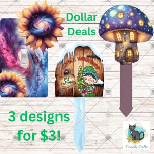 Puede incluir: Tres cubiertas decorativas para interruptores de luz y una llave, cada una con un diseño único. Una presenta una galaxia y un girasol, otra una escena del taller de Santa Claus y la última una casa de champiñones. El texto "Dollar Deals" y "3 designs for $3!" también son visibles.