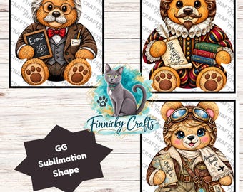Famous Teddy Bear Sublimation Designs (Digital Download) - Einstein, Earhart, Shakespeare