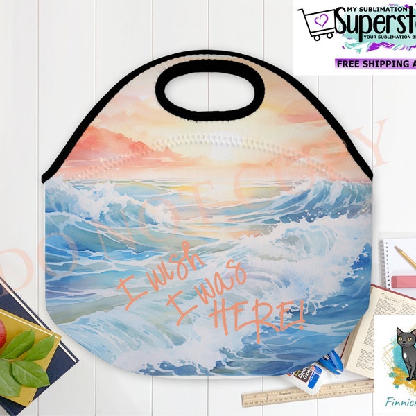 Lunch bag png, beach, wish I was here,  summer, straight tumbler wrap, sublimation, png