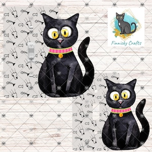 May include: A black cat illustration with large yellow eyes and a pink collar with a gold bell. The cat is featured on a light switch cover with a gray background and fishbone pattern. A smaller image of a cat is in the upper right corner.