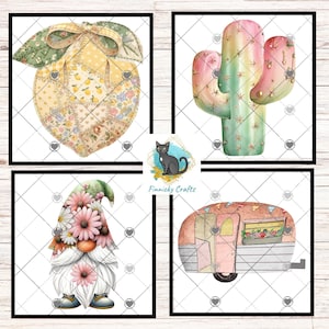 Könnte beinhalten: Vier Aquarellillustrationen auf weißem Hintergrund. Die Bilder zeigen eine Zitrone mit Schleife, einen Kaktus, einen Zwerg mit Blumen und einen Vintage-Wohnwagen. Die Bilder sind in schwarzen Quadraten gerahmt.