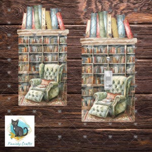 May include: Watercolor illustration of a cozy reading nook with a tufted armchair, bookshelf, and books. The image features a stack of books on top of the bookshelf. The Finnicky Crafts logo is in the bottom left corner.