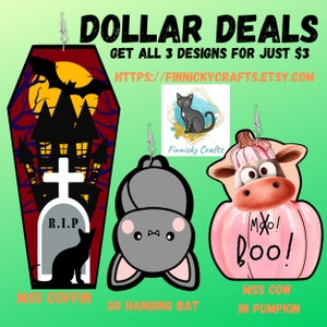 May include: Three Halloween-themed earrings: a pink pumpkin with a cow face and the text "Moo! Boo!" a gray bat with pink ears, and a red coffin with a black cat and a tombstone that says "R.I.P."