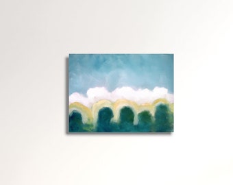 Little acrylic painting original artwork Landscape in green and blue, clouds, trees, sky - unique art