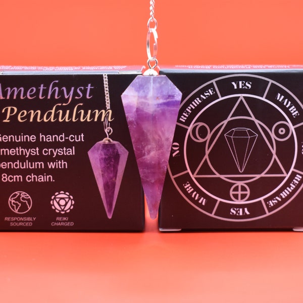 Pendule en cristal d'améthyste véritable taillé à la main chargé de Reiki avec boîte-cadeau de tableau de pendule - Source éthique