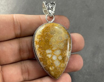 brown stone teardrop jewelry gemstone pendant Fossil coral free form 925 pendant