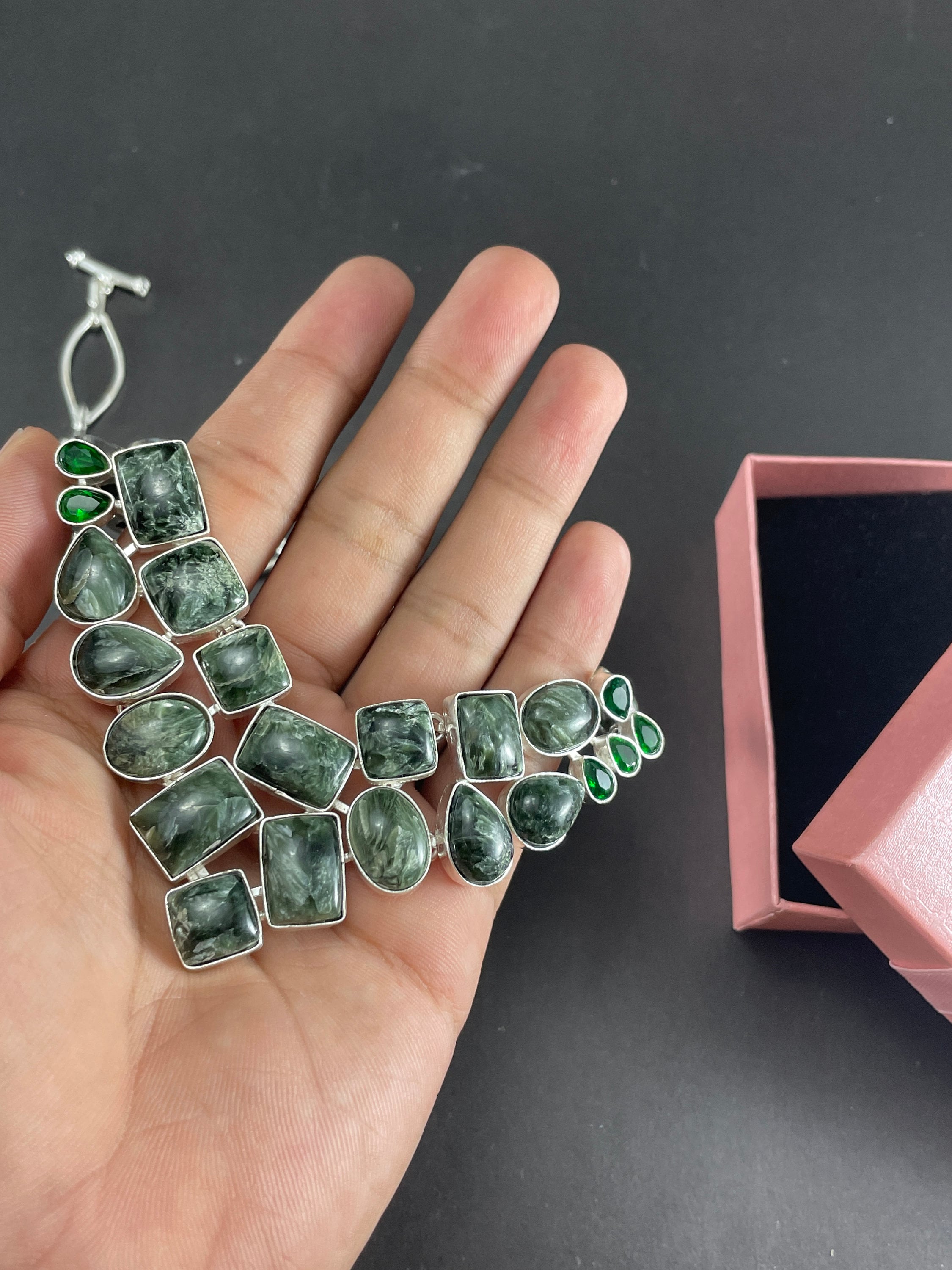 Serpentine Silver Charm Necklace 925 Sterling Silver Necklace Etsy