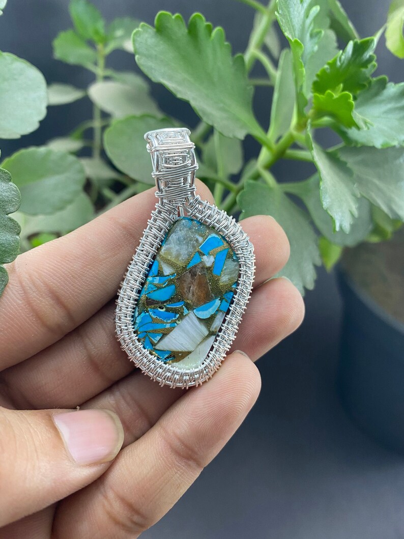 Spiny Oyster Turquoise Wire Wrapped Pendant Turquoise Gemstone Silver Pendant Wire Wrapped Jewelry silver Oyster Turquoise Pendant