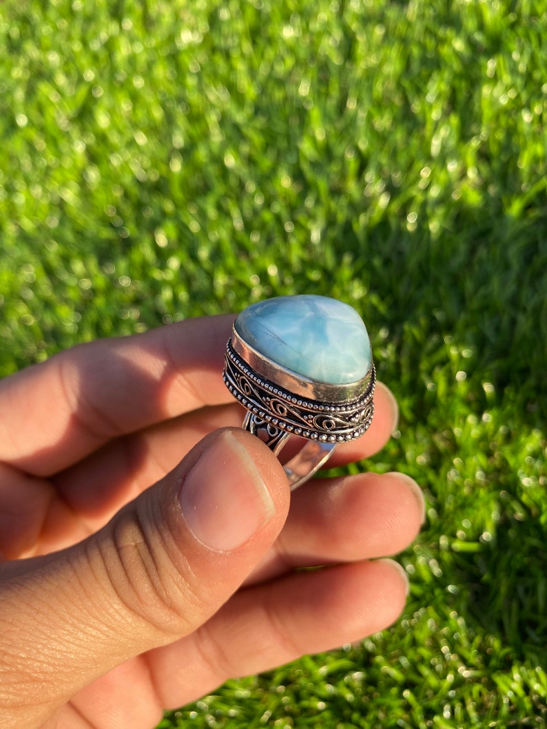 Love Top Quality Vintage Larimar Gemstone Silver Ring 8 Larimar Handmade Ring Larimar Jewelry Gift For Her Miss You Ring Gift Ring For Mom