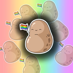 Può includere: Un foglio di adesivi con patate dei cartoni animati con facce sorridenti, ognuna con una bandiera arcobaleno. Le patate sono in varie tonalità di marrone e beige, su uno sfondo sfumato arcobaleno.