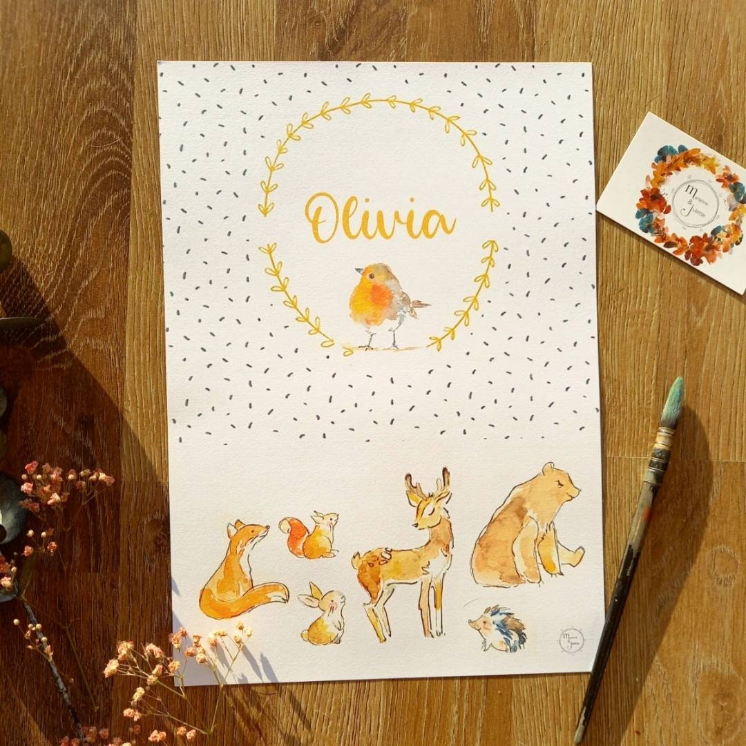 Affiche Enfant - Affiche Naissance Aquarelle Animaux Foret Renard Chouette