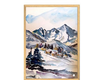 Mountain poster - winter decoration - chalet decoration - mountain illustration.