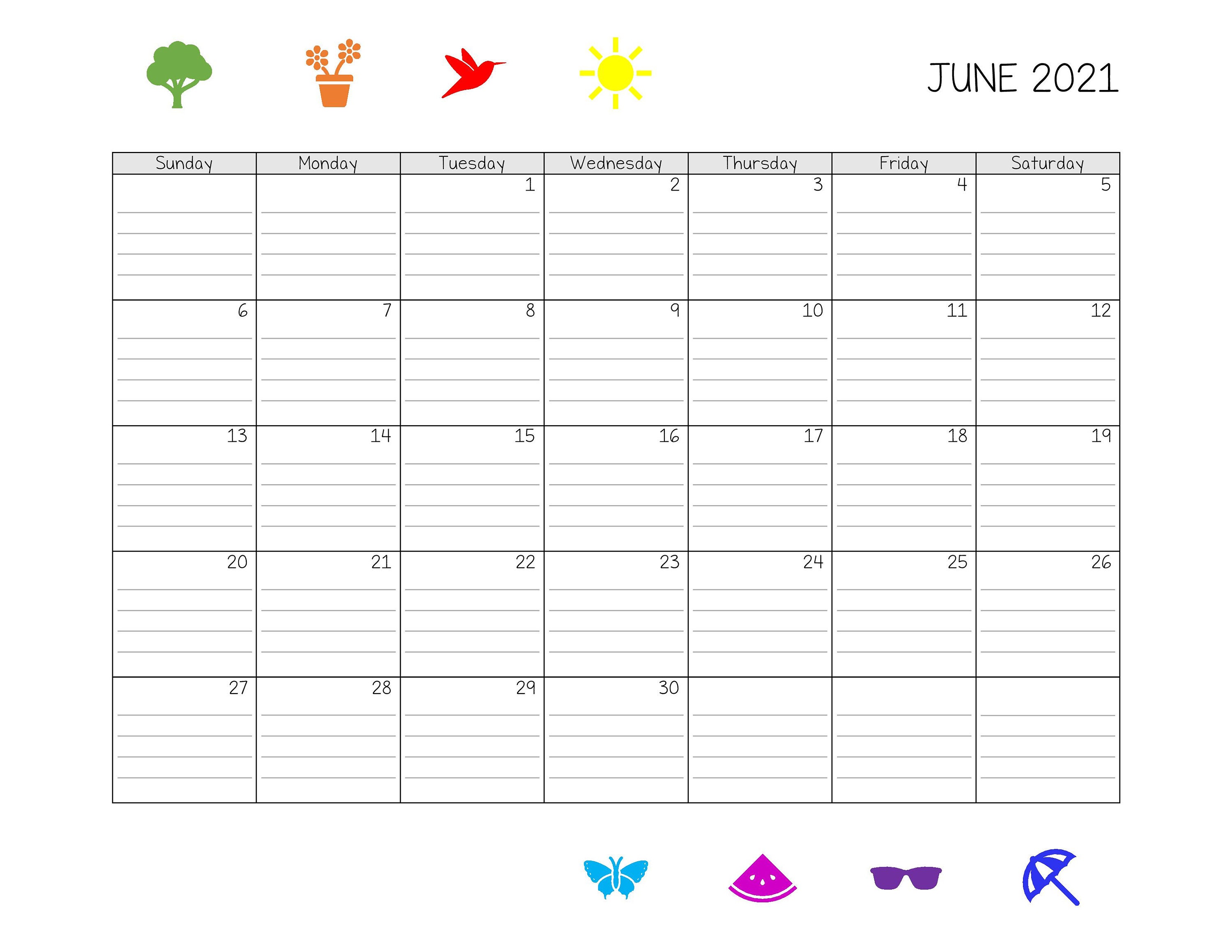 printableeditable lined june 2021 monthly holiday