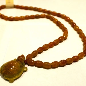 Natural Yellow/Green Jade Handcarved Turtle Pendant w/ Jade Beaded Necklace 26in