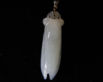 Solid 14K White Gold Ice White Burmese Jade Pendant Handcarved Cicada