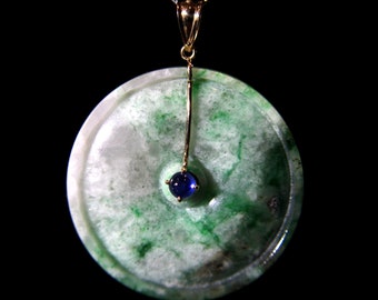 Solid 14K Yellow Gold Green/white Disc Burmese Jade Pendant w/ Sapphire 0.21ct Handmade
