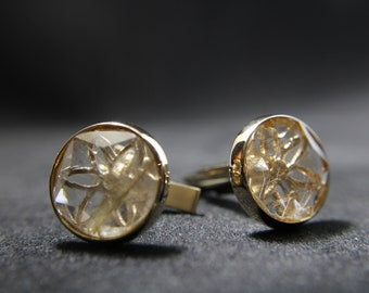 14K Solid Yellow Gold Pair Cufflinks set w/ Natural Rutilated Quartz Crystal(Golden threaded Pattern) 18mm Diameter RARE (one of a kind)